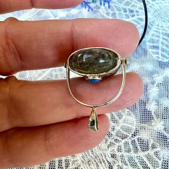 Genuine Fluorite & Lapis Lazuli Goddess Pendant Sterling Articulating Bail - Picture 6 of 10